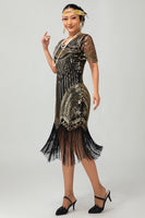 Load image into Gallery viewer, Sparkly Black Silver Bodycon Fringed Flapper Dress with Sleeves