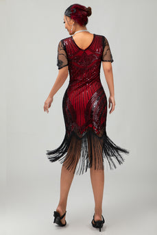 Sparkly Black Red Bodycon Fringed Flapper Dress with Sleeves