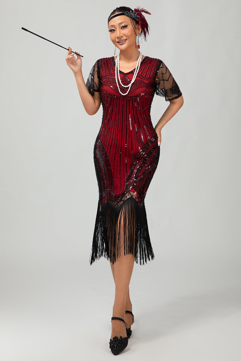 Load image into Gallery viewer, Sparkly Black Silver Bodycon Fringed Flapper Dress with Sleeves