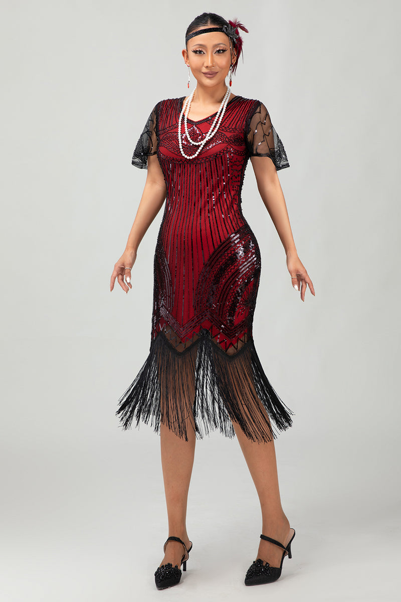 Load image into Gallery viewer, Sparkly Black Silver Bodycon Fringed Flapper Dress with Sleeves