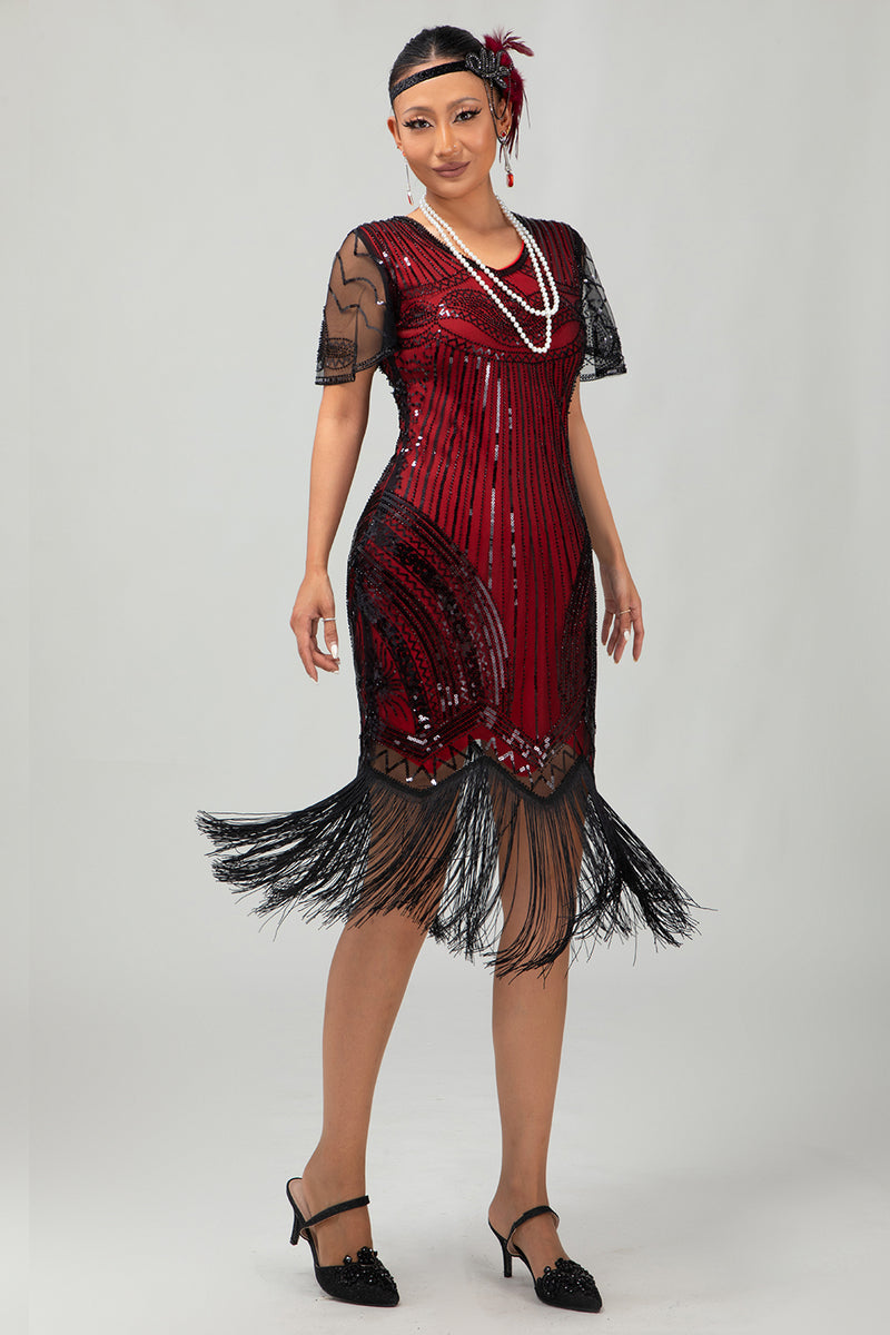Load image into Gallery viewer, Sparkly Black Silver Bodycon Fringed Flapper Dress with Sleeves