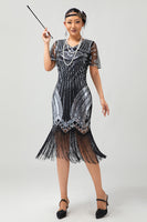 Load image into Gallery viewer, Sparkly Black Silver Bodycon Fringed Flapper Dress with Sleeves