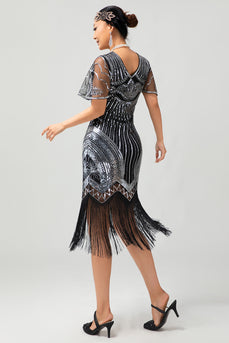 Sparkly Black Silver Bodycon Fringed Flapper Dress with Sleeves