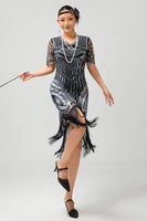 Load image into Gallery viewer, Sparkly Black Silver Bodycon Fringed Flapper Dress with Sleeves