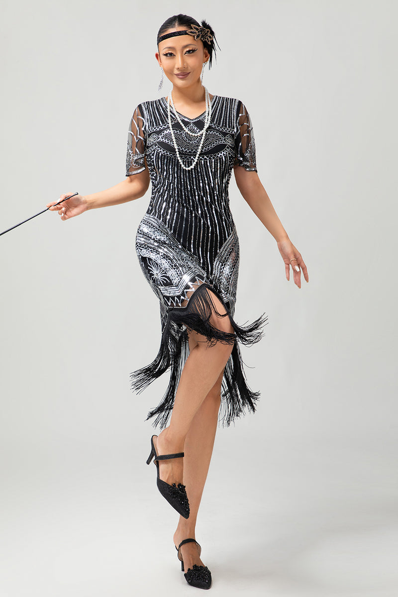 Load image into Gallery viewer, Sparkly Black Golden Sequins V-Neck Flapper Dress with Beading