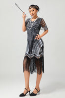 Load image into Gallery viewer, Sparkly Black Golden Sequins V-Neck Flapper Dress with Beading