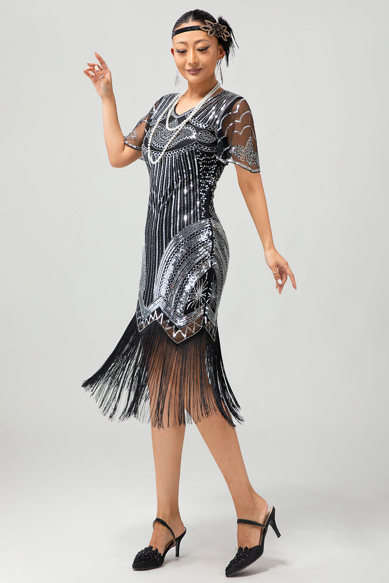 Load image into Gallery viewer, Sparkly Black Silver Bodycon Fringed Flapper Dress with Sleeves