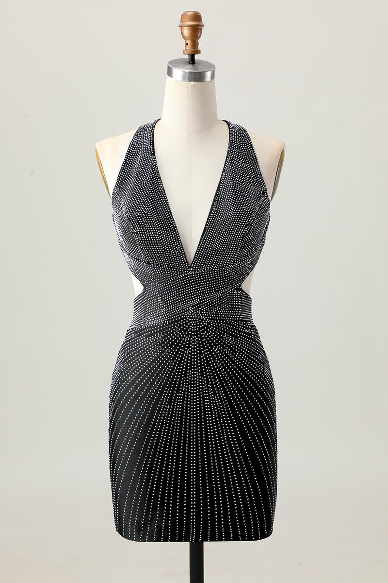 Load image into Gallery viewer, Sparkly Black Tight V-Neck Short Homecoming Dress with Beading