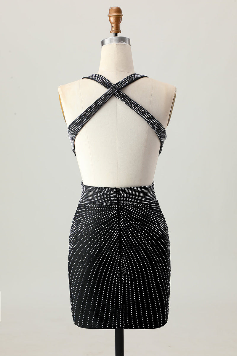 Load image into Gallery viewer, Sparkly Black Tight V-Neck Short Homecoming Dress with Beading