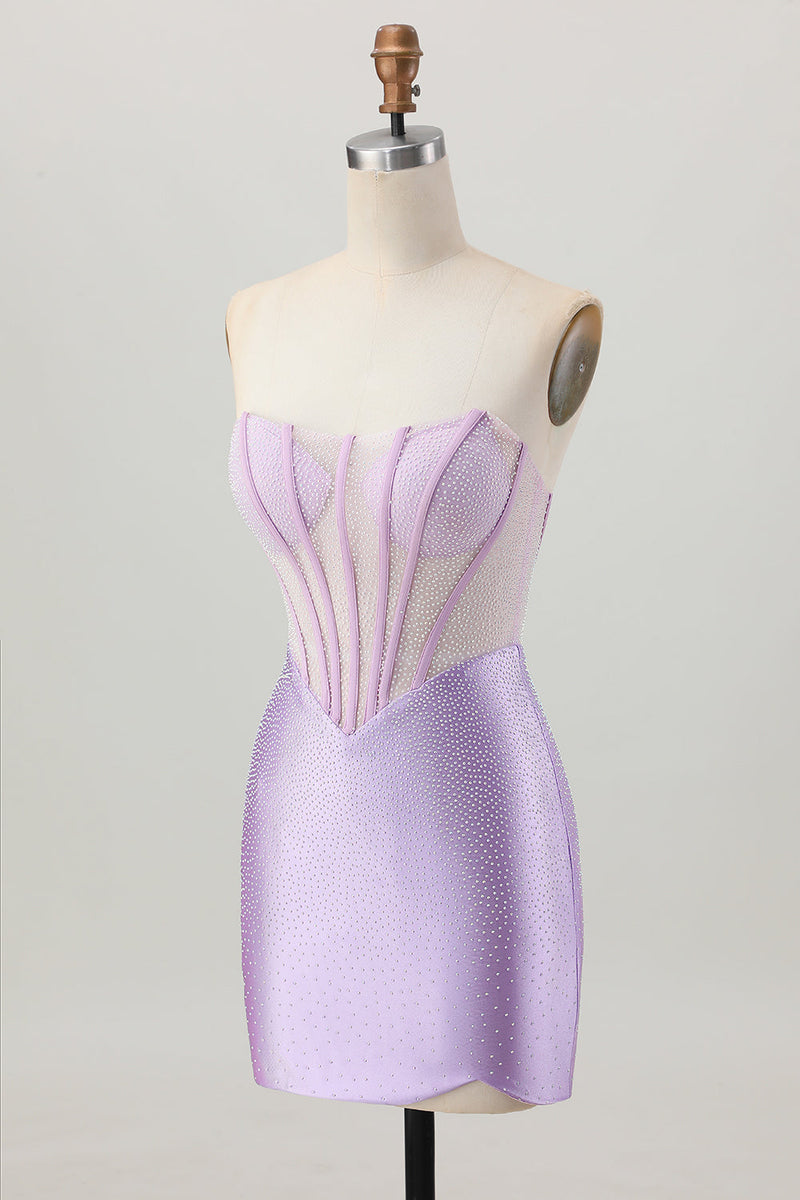 Load image into Gallery viewer, Sparkly Lilac Strapless Short  Corset Homecoming Dress with Beading