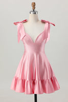 Load image into Gallery viewer, Sparkly Blush Pink Satin A Line Short Beaded Homecoming Dress with Bows