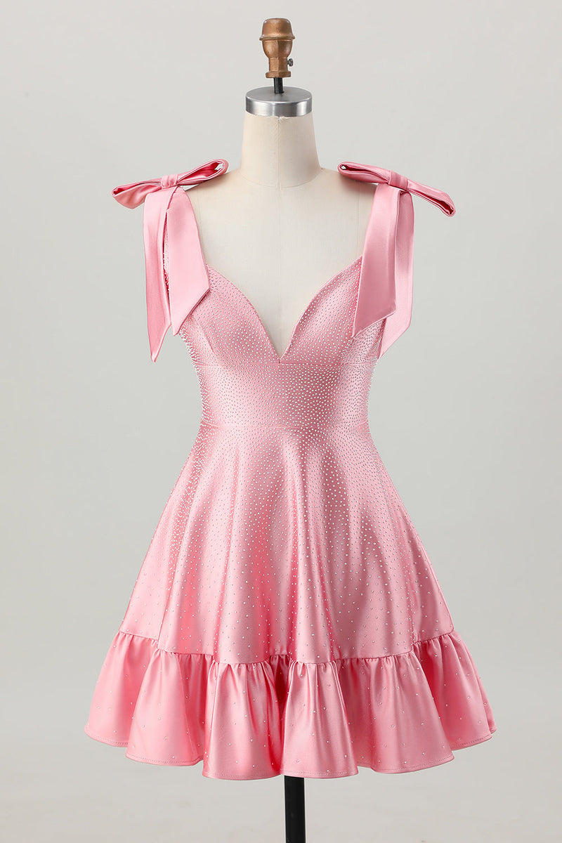 Load image into Gallery viewer, Sparkly Blush Pink Satin A Line Short Beaded Homecoming Dress with Bows