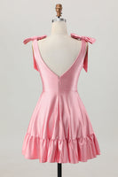 Load image into Gallery viewer, Sparkly Blush Pink Satin A Line Short Beaded Homecoming Dress with Bows