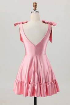 Sparkly Blush Pink Satin A Line Short Beaded Homecoming Dress with Bows