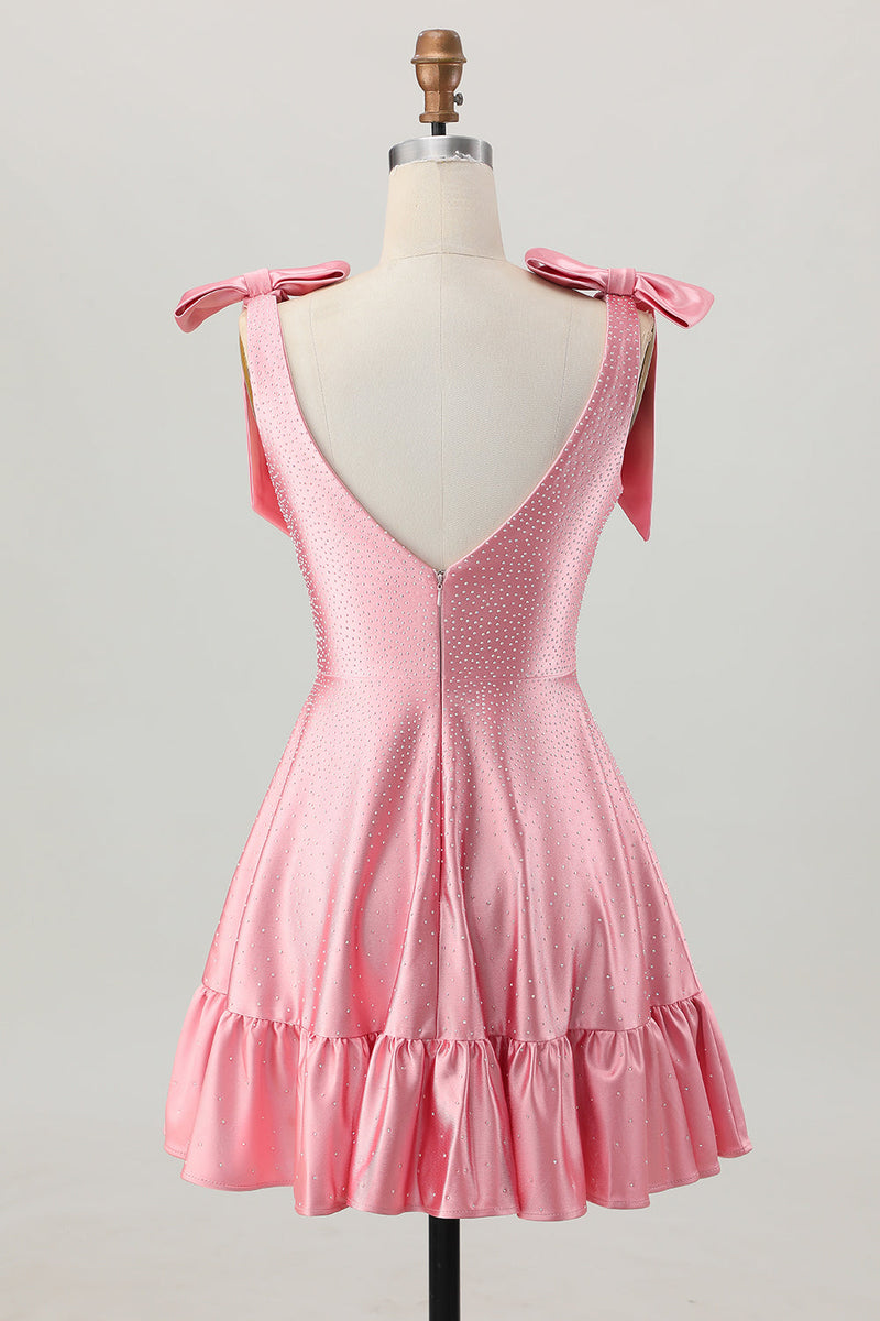 Load image into Gallery viewer, Sparkly Blush Pink Satin A Line Short Beaded Homecoming Dress with Bows