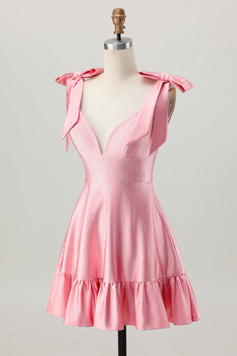 Load image into Gallery viewer, Sparkly Blush Pink Satin A Line Short Beaded Homecoming Dress with Bows