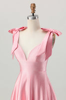 Load image into Gallery viewer, Sparkly Blush Pink Satin A Line Short Beaded Homecoming Dress with Bows
