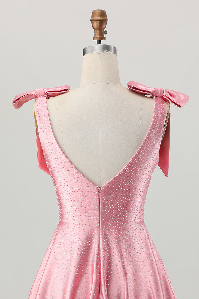 Load image into Gallery viewer, Sparkly Blush Pink Satin A Line Short Beaded Homecoming Dress with Bows