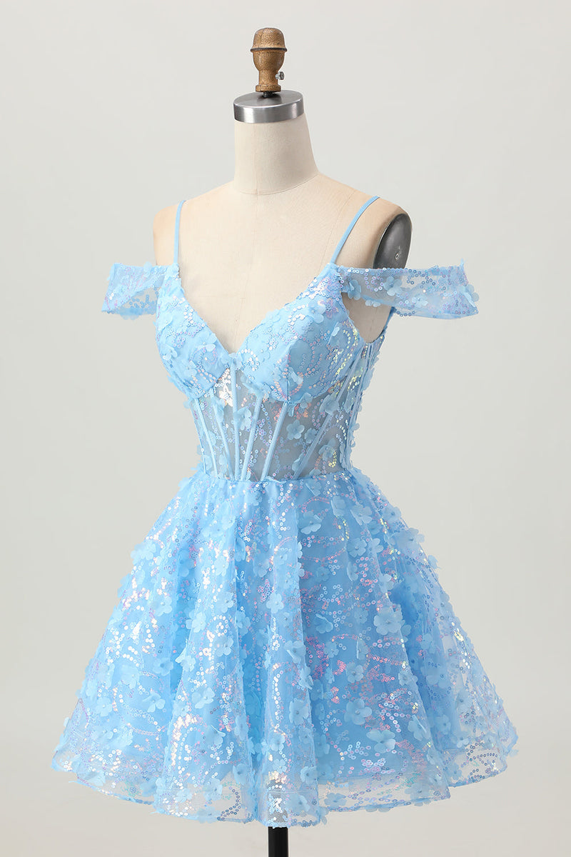 Load image into Gallery viewer, Sparkly Blue A Line Short Corset Homecoming Dress with Sequins
