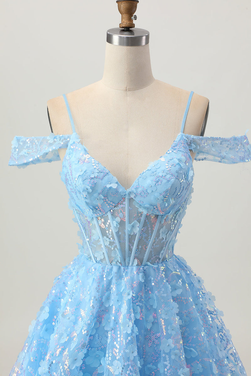 Load image into Gallery viewer, Sparkly Blue A Line Short Corset Homecoming Dress with Sequins