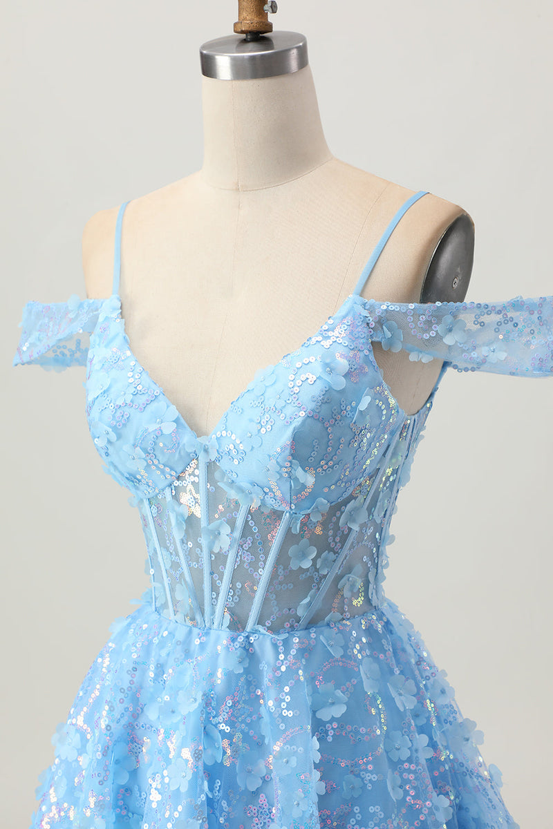 Load image into Gallery viewer, Sparkly Blue A Line Short Corset Homecoming Dress with Sequins
