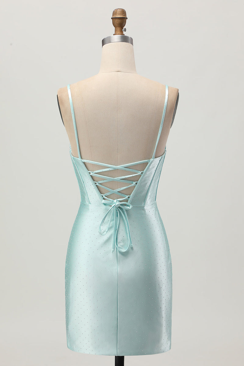 Load image into Gallery viewer, Sparkly Light Green Satin Tight Short Corset Homecoming Dress with Beading