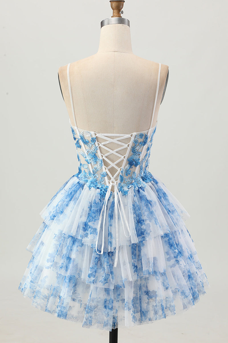 Load image into Gallery viewer, Floral White Blue A Line Tiered Short Corset Homecoming Dress