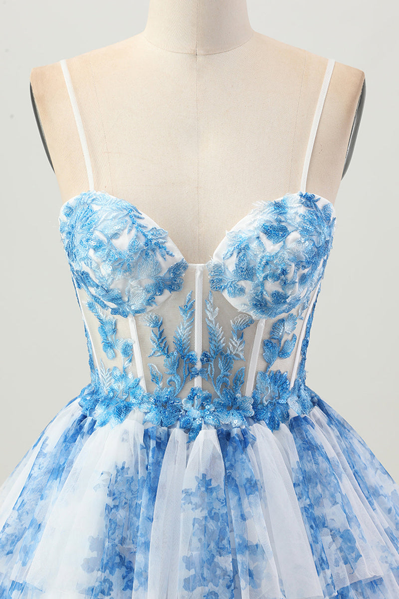 Load image into Gallery viewer, Floral White Blue A Line Tiered Short Corset Homecoming Dress