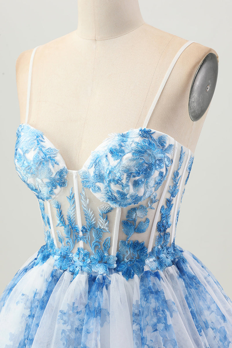 Load image into Gallery viewer, Floral White Blue A Line Tiered Short Corset Homecoming Dress