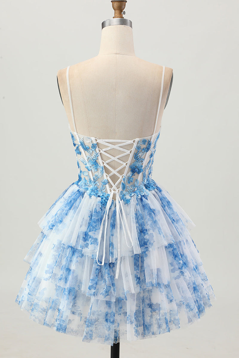 Load image into Gallery viewer, Floral White Blue A Line Tiered Short Corset Homecoming Dress