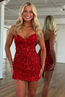 Load image into Gallery viewer, Queendancer Women Sparkly Fuchsia Tight Short Corset Homecoming Dress Sequins Strapless Backless Cocktail Dress