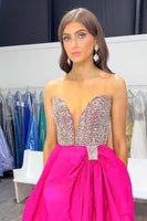 Load image into Gallery viewer, Sparkly Fuchsia A Line Satin V-Neck Long Prom Dress with Beading