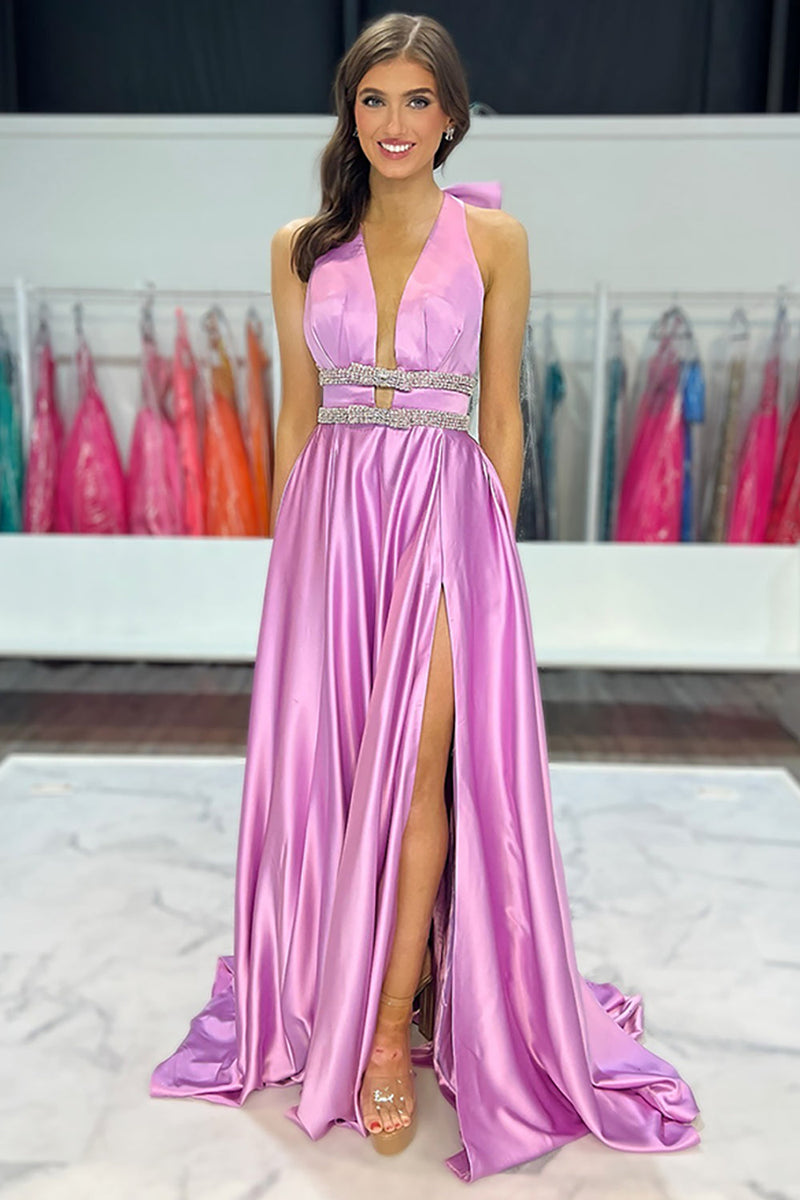 Load image into Gallery viewer, Sparkly Lilac Satin A-Line Halter Long Prom Dress with Beading