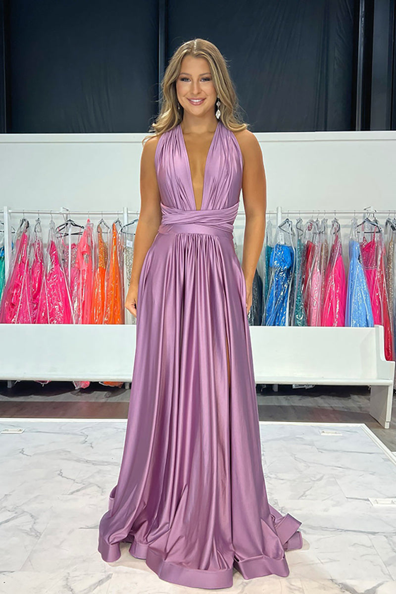 Load image into Gallery viewer, Simple Purple Satin V-Neck A-Line Pleated Long Prom Dress