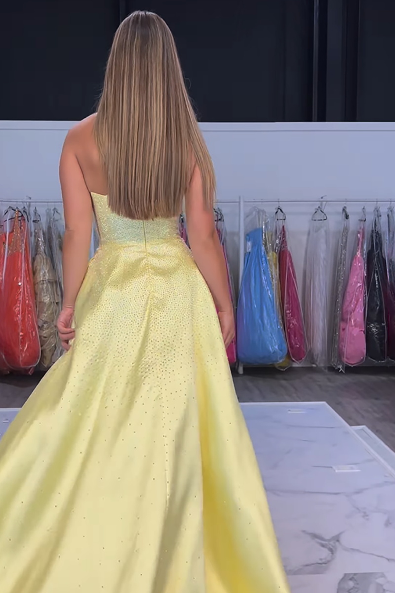 Load image into Gallery viewer, Sparkly Yellow Satin A-Line Strapless Long Prom Dress with Beading