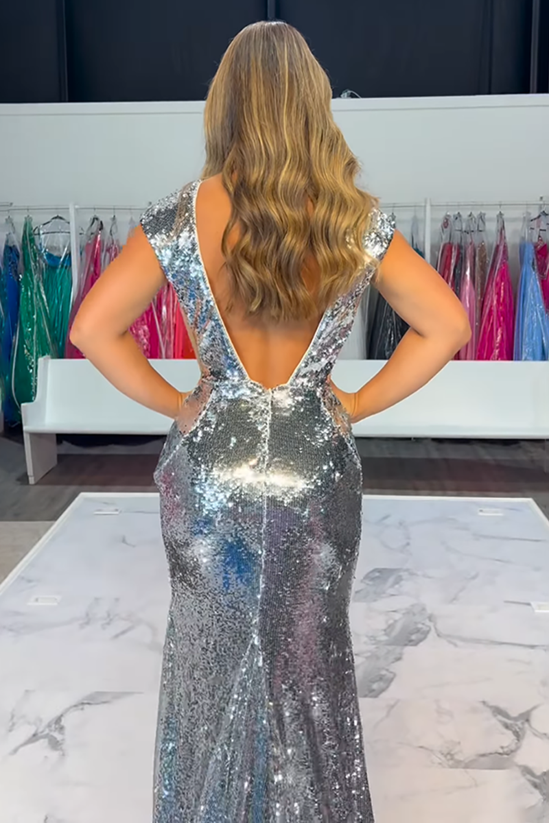 Load image into Gallery viewer, Sparkly Gold Sequin V-Neck Mermaid Cap Sleeves Long Prom Dress