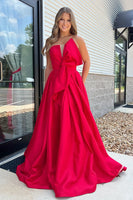 Load image into Gallery viewer, Red A-Line Satin Strapless Long Prom Dress with Bow