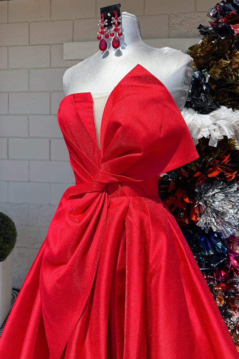 Load image into Gallery viewer, Red A-Line Satin Strapless Long Prom Dress with Bow