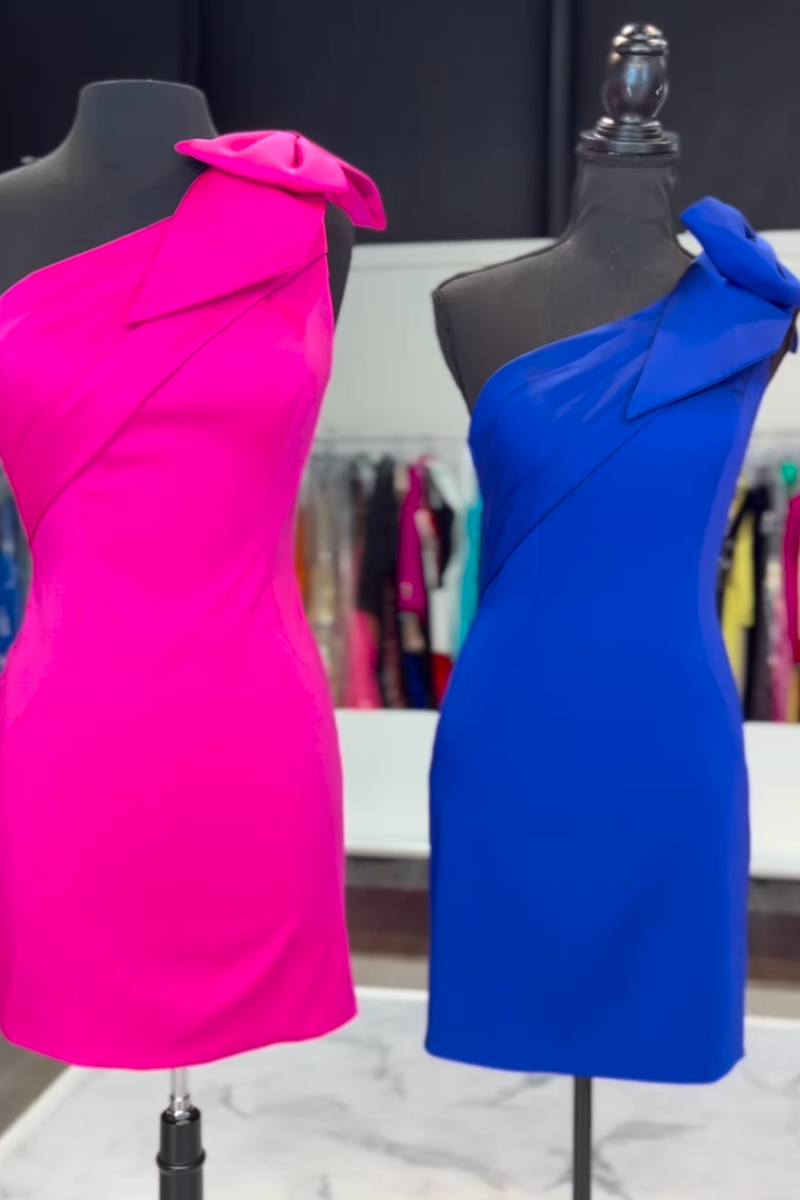 Load image into Gallery viewer, Fuchsia Satin Tight One Shoulder Short Prom Dress with Bow