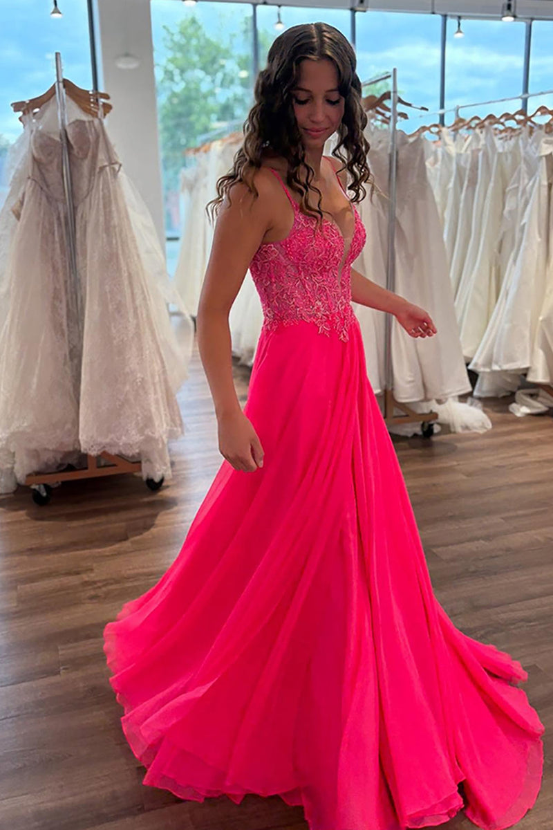 Load image into Gallery viewer, Coral Chiffon Spaghetti Straps A-Line Long Corset Prom Dress with Appliques
