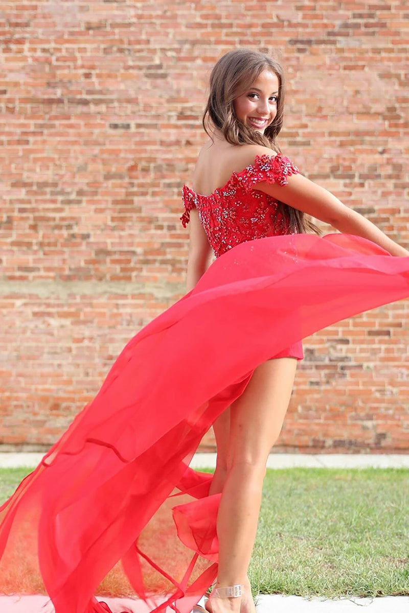 Load image into Gallery viewer, Sparkly Red Tight Off the Shoulder Short Prom Jumpsuits with Beading