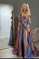 Load image into Gallery viewer, Sparkly Blue Off the Shoulder Metallic Long Corset Prom Dress with Bow