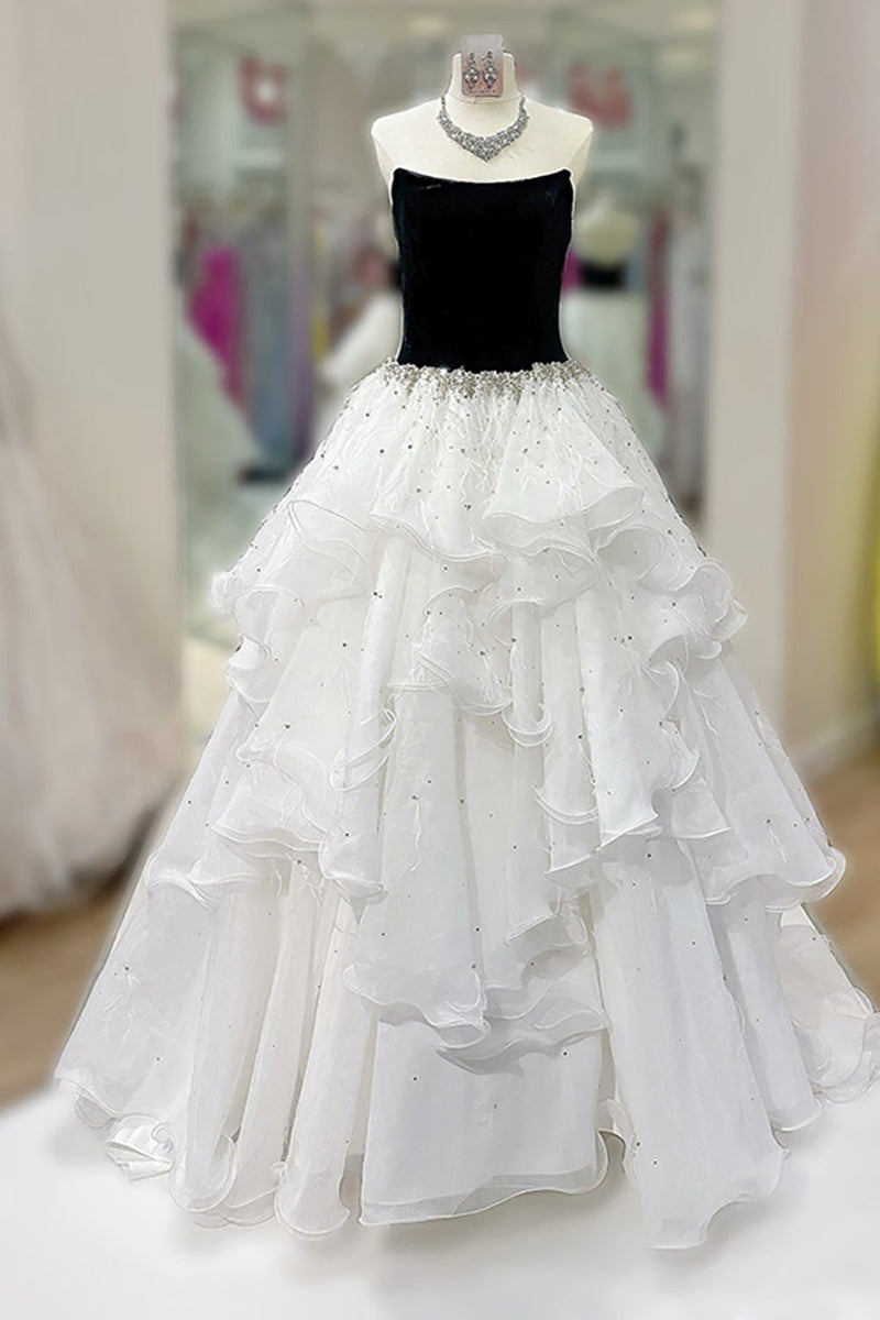Load image into Gallery viewer, Black and White A Line Ball Gown Strapless Beaded Long Prom Dress with Ruffles