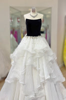 Load image into Gallery viewer, Black and White A Line Ball Gown Strapless Beaded Long Prom Dress with Ruffles