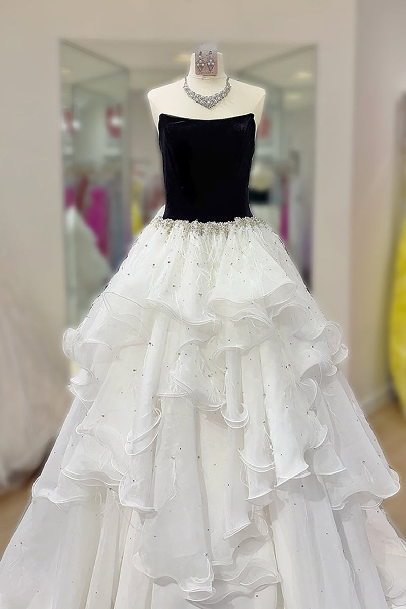 Load image into Gallery viewer, Black and White A Line Ball Gown Strapless Beaded Long Prom Dress with Ruffles