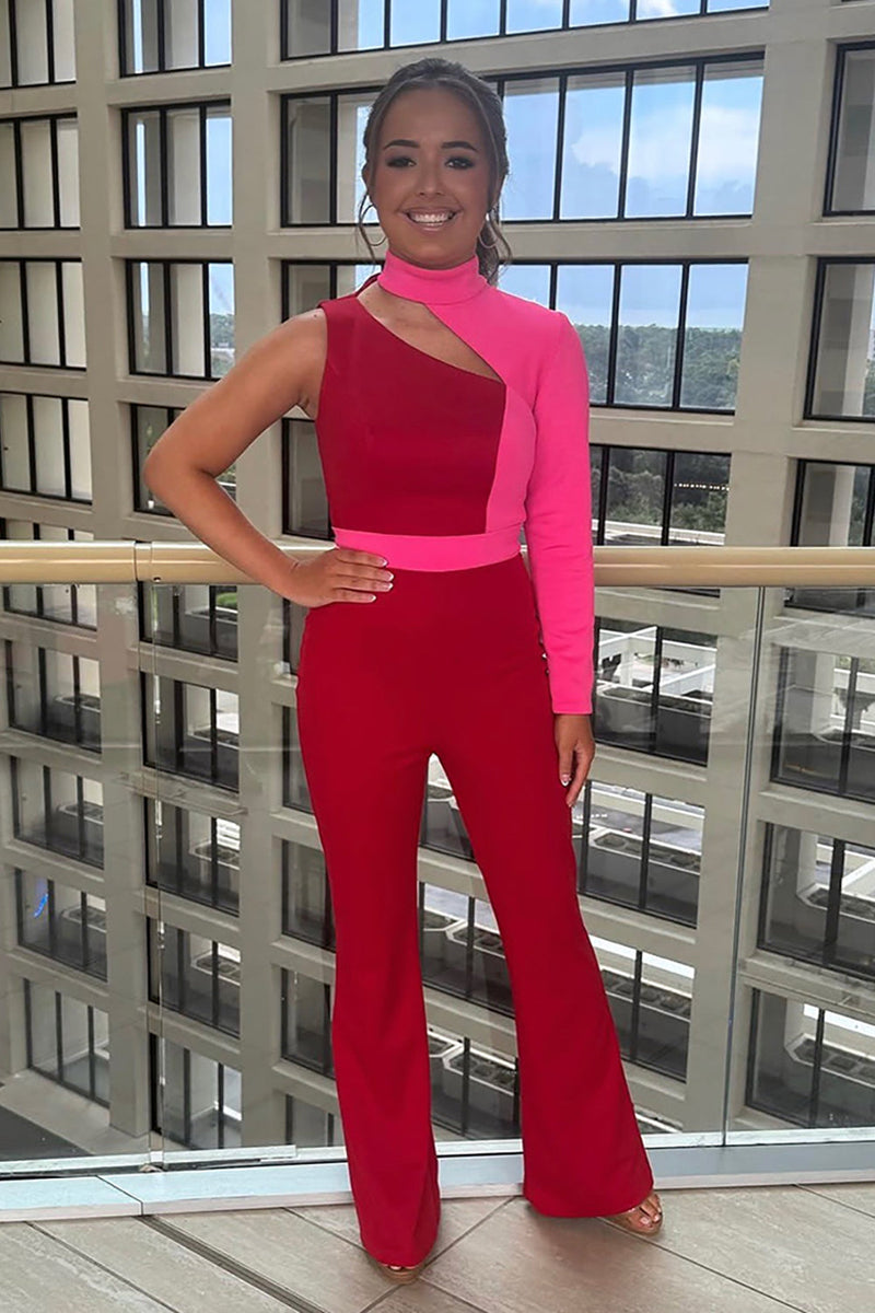 Load image into Gallery viewer, Dark Red High Neck Satin Long Prom Jumpsuits with Sleeves