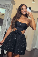 Load image into Gallery viewer, Sparkly Black Cut Out Satin A-Line Short Prom Dress with Beading