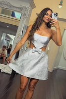 Load image into Gallery viewer, Sparkly Black Cut Out Satin A-Line Short Prom Dress with Beading