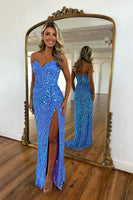 Load image into Gallery viewer, Sparkly Red Sequins Strapless Sheath Long Prom Dress with Slit
