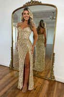 Load image into Gallery viewer, Sparkly Red Sequins Strapless Sheath Long Prom Dress with Slit